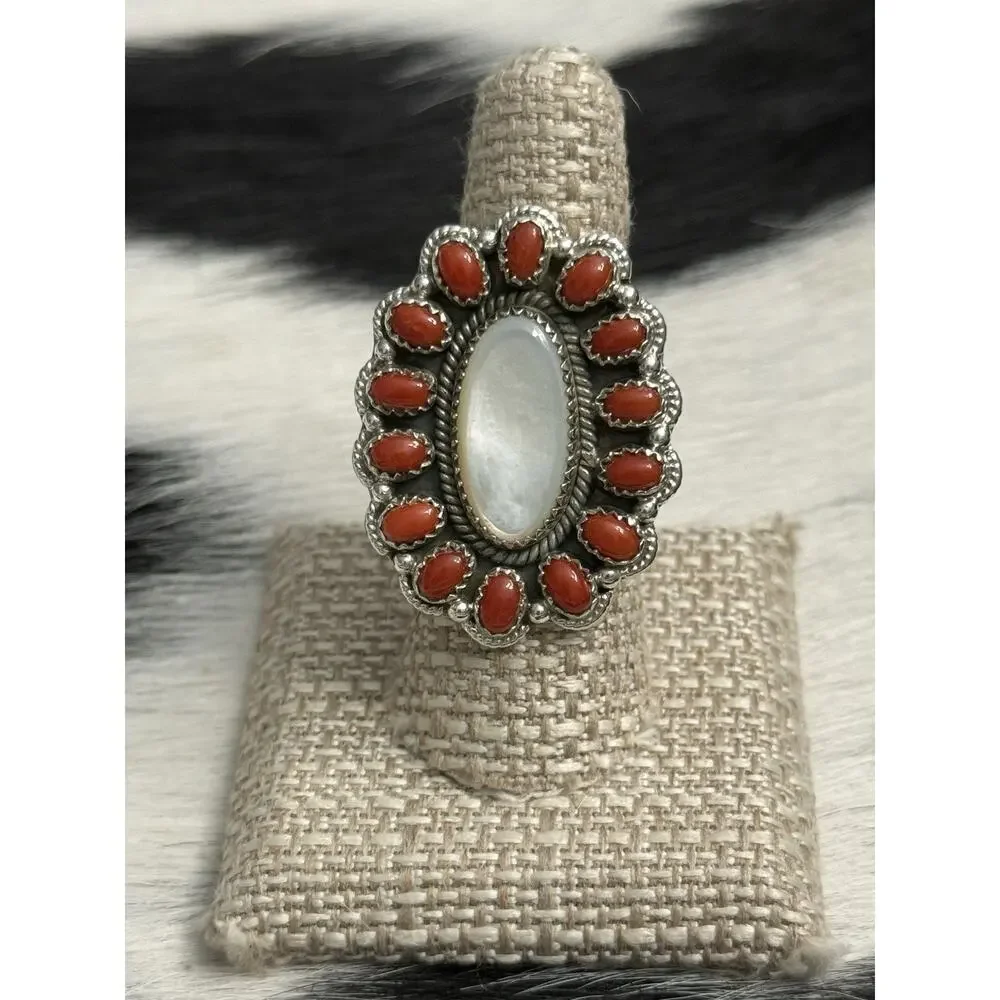 Native American Sterling Silver Mother Pearl Red Coral Multistone Cluster Ring